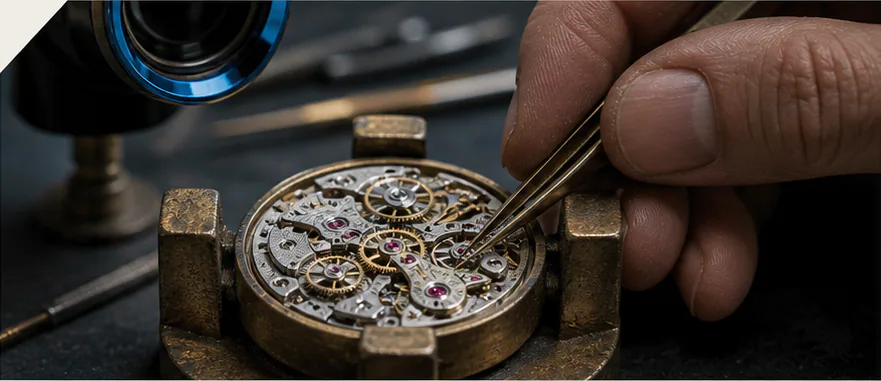 Watchmaker using tweezers to repair a mechanical movement
