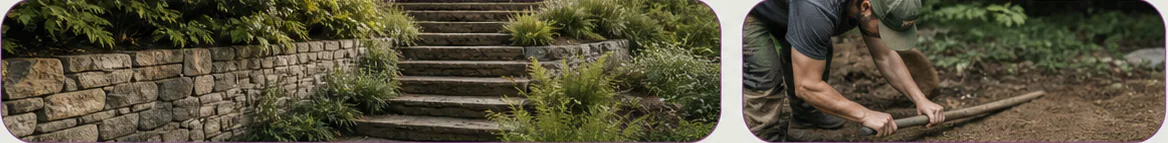 Stone steps, planting, and careful ground work in a garden