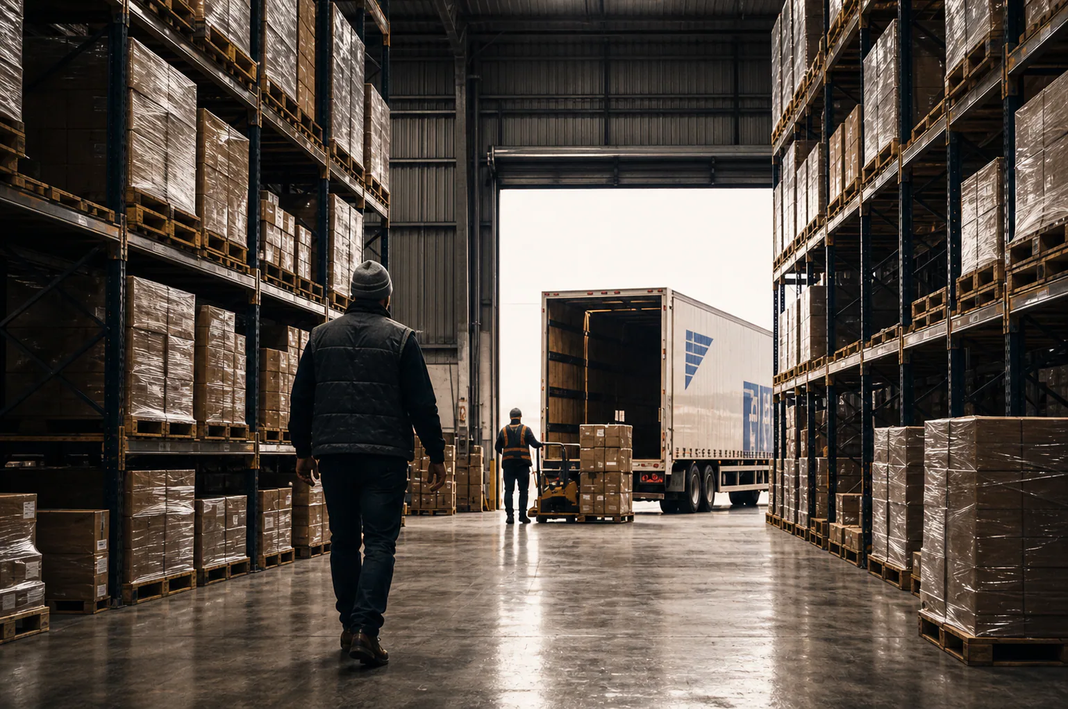 Warehouse worker moving freight through a tall storage aisle toward a waiting trailer