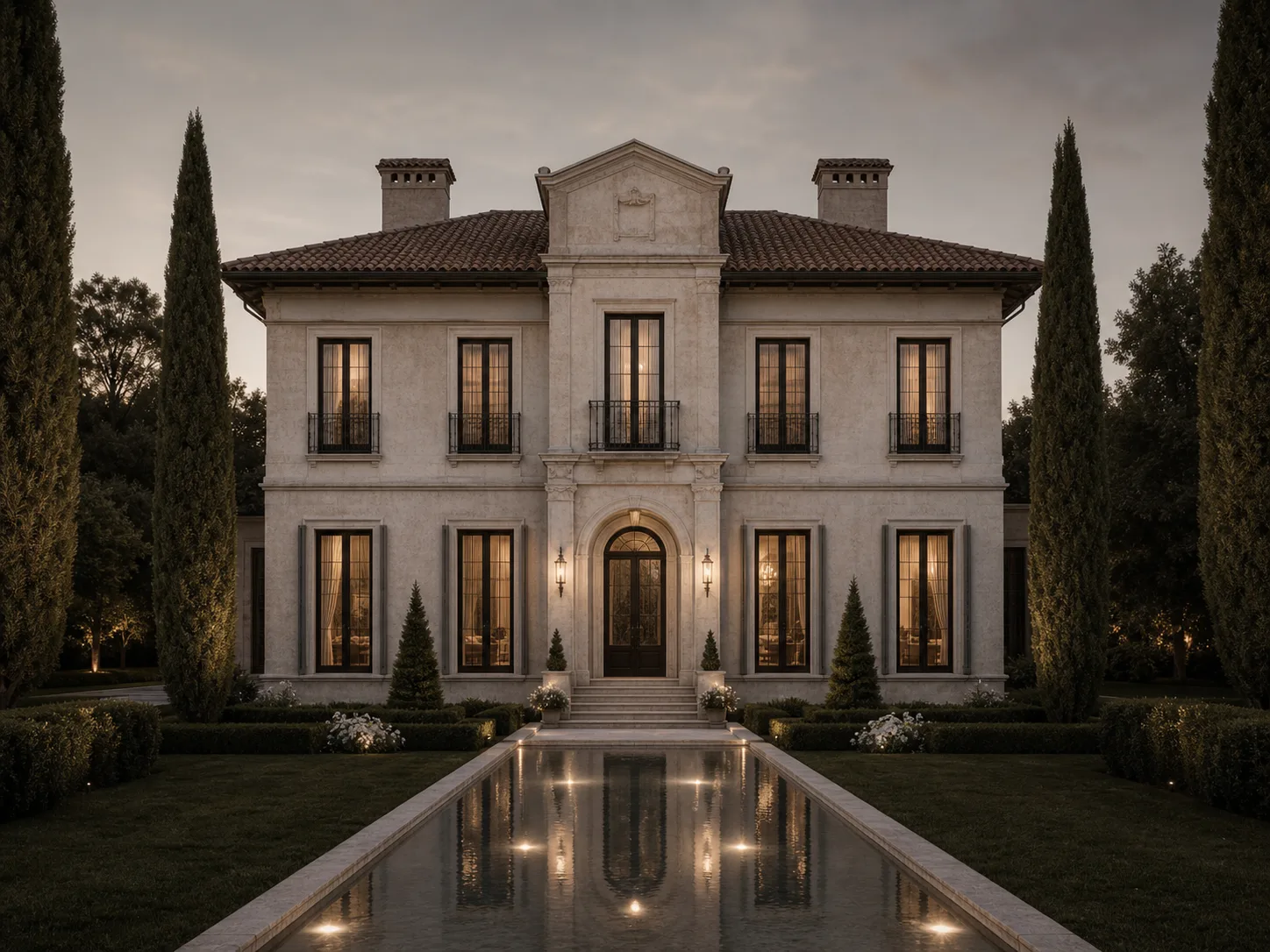 Classical estate beside reflective water