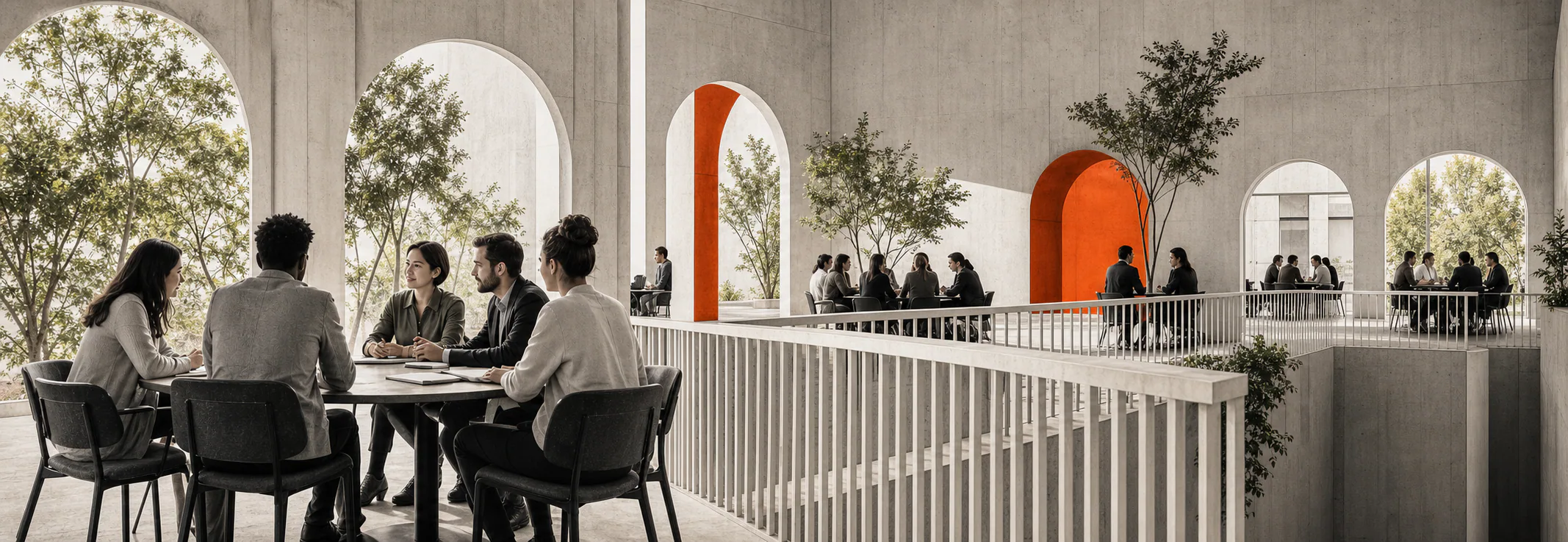 People meeting around tables in a light-filled civic building