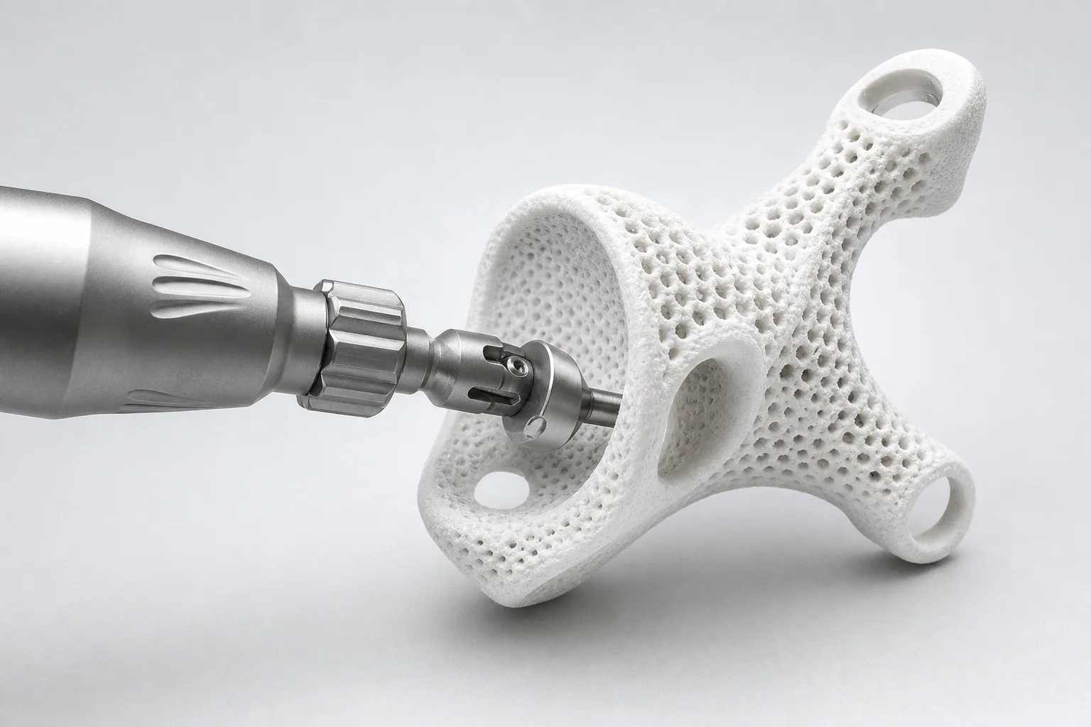 Porous white implant component held by a precision metal instrument
