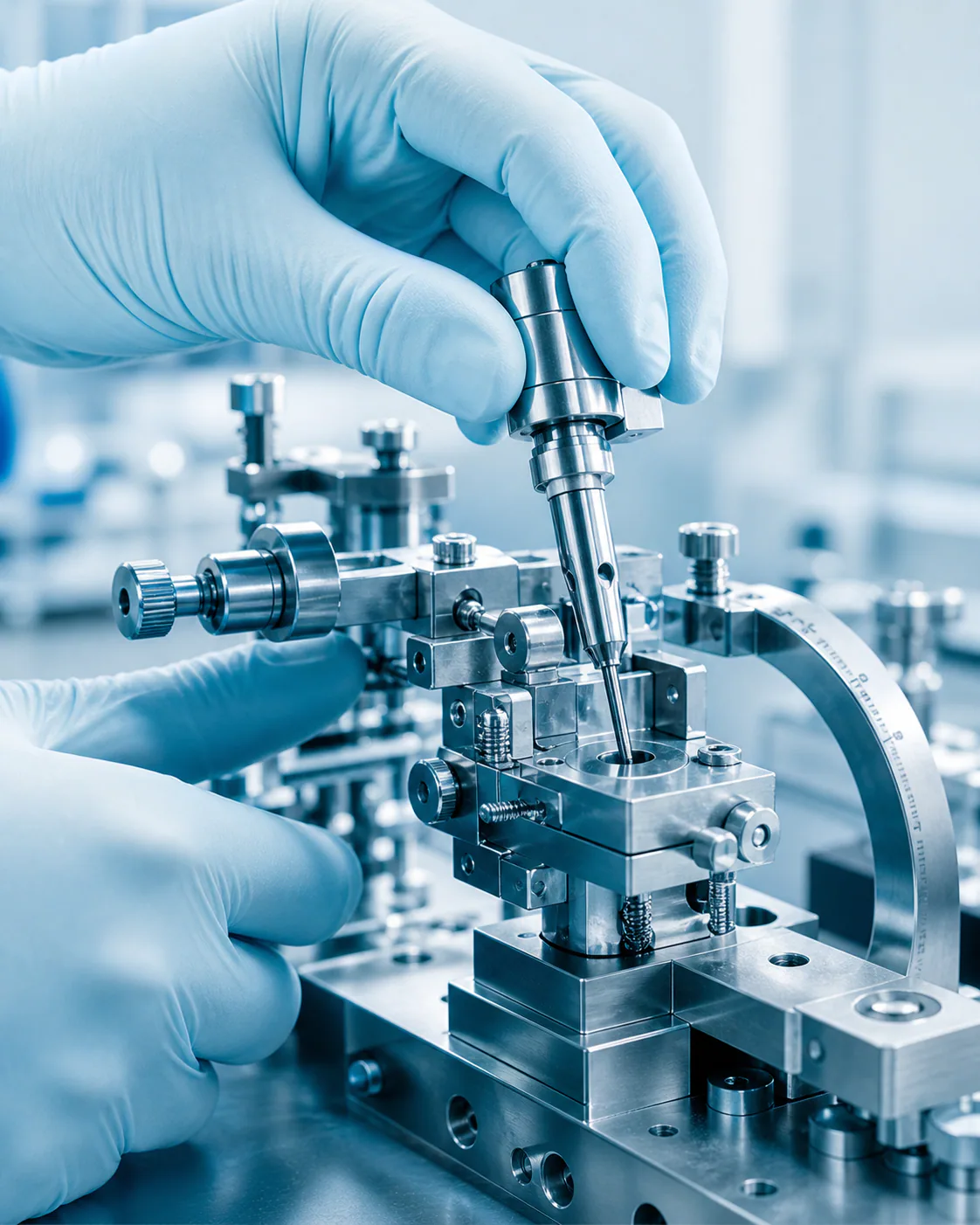 Gloved hands calibrating a precision orthopedic instrument