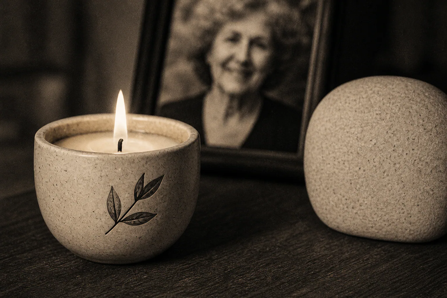 Hands arranging dried flowers beside a candle and a small ceramic vase