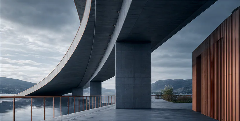 Modern infrastructure bridge beside a copper-clad building