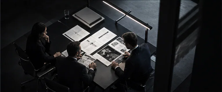 Three people reviewing market evidence around a dark strategy table