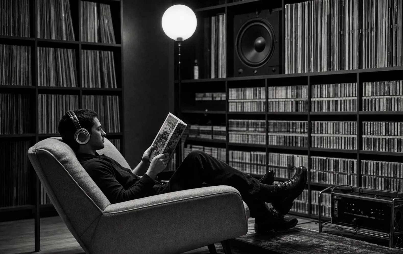 Magenta-lit listening room for the release Rooms That Remember