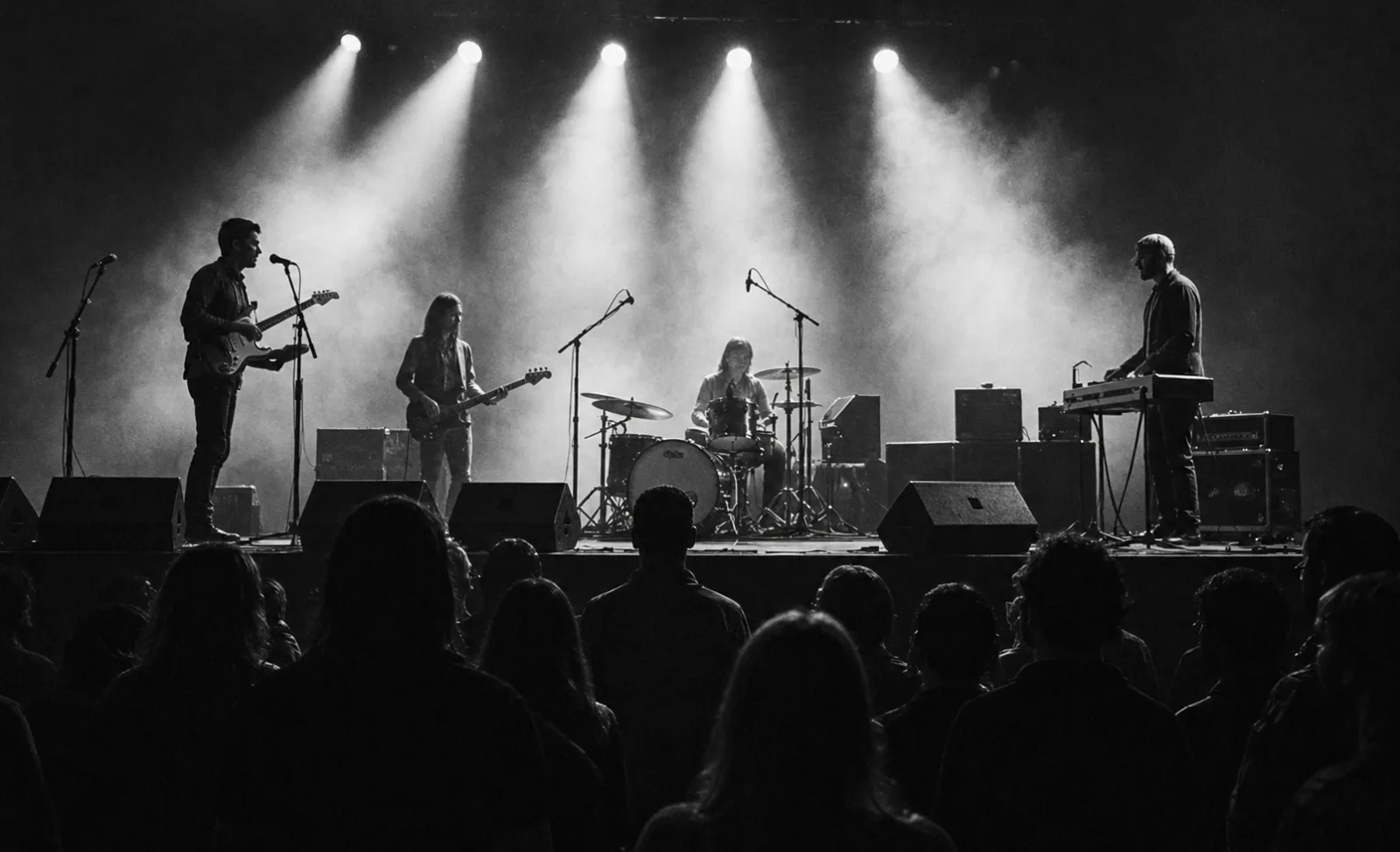 Four fictional musicians performing under bright stage lights for a small crowd