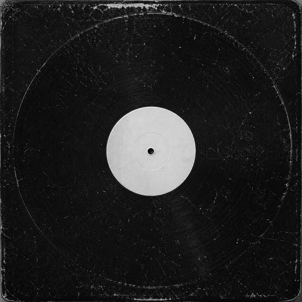 A blank-label vinyl record resting on a worn black sleeve