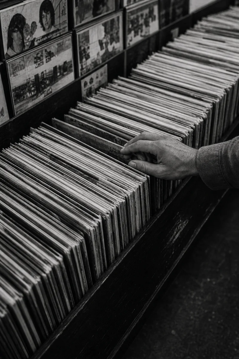 A hand searching through a fictional record shop bin