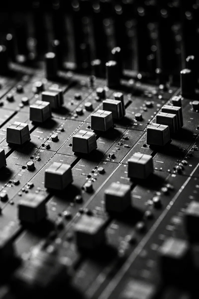 Close view of knobs on a fictional analog mixing console