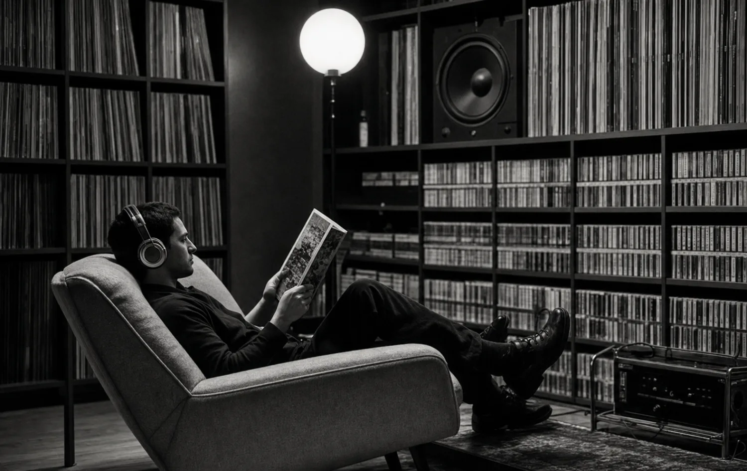 Listener reading a fictional record sleeve in a private listening library