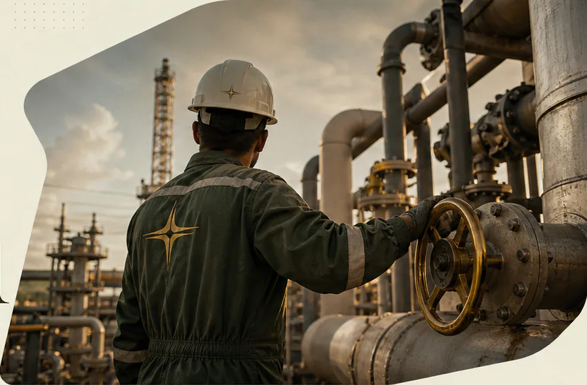 Field operator checking a valve at a brass-toned industrial facility
