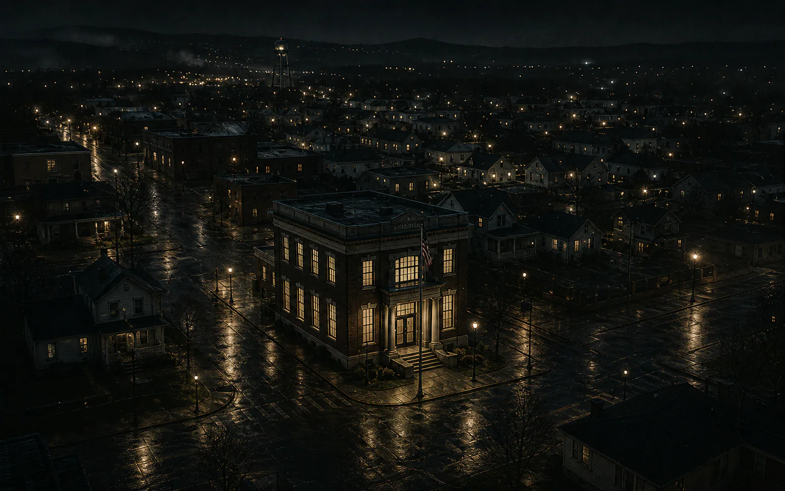 Dog and person walking through a wet city at night