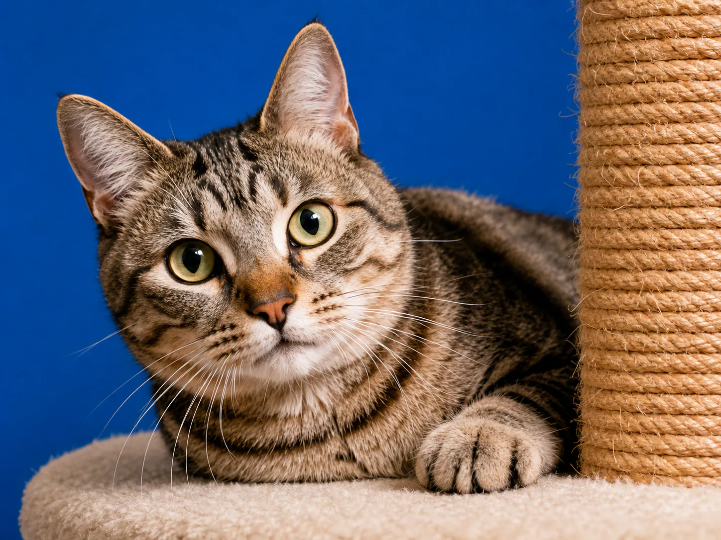 Tabby cat resting beside a scratching post