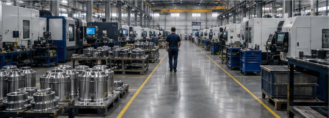 Machining floor with workstations arranged along a central aisle