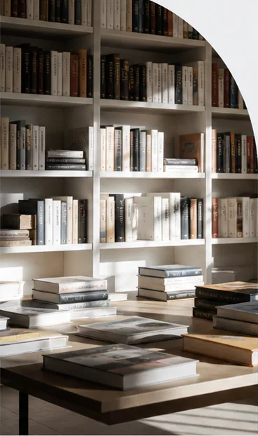 Sunlit bookshelves and a table of art books