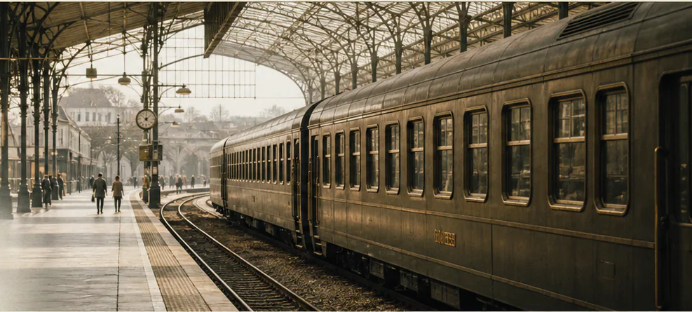 Historic brass-toned passenger train waiting under a grand station roof