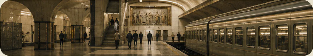 Passengers moving through an elegant station beside a train