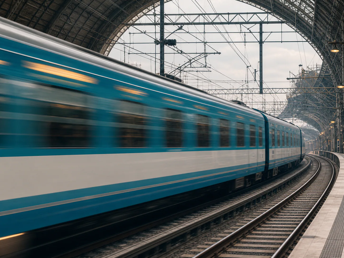 A blue passenger train moving through a curved station