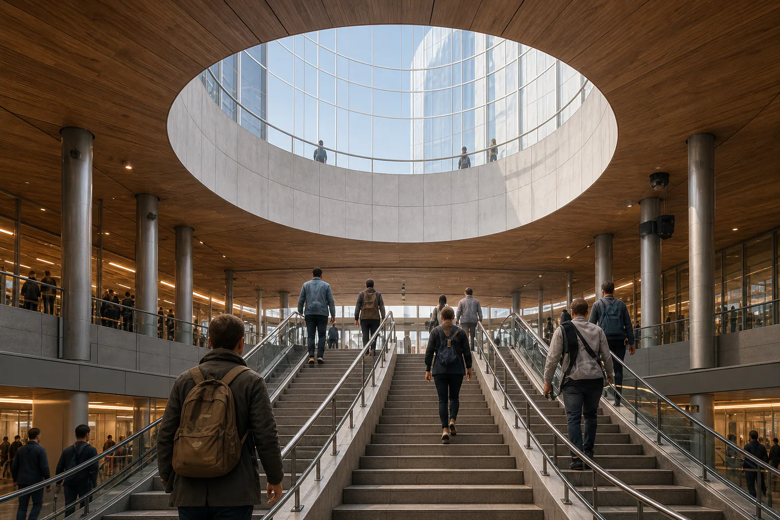 People crossing a bright station atrium beneath a circular skylight