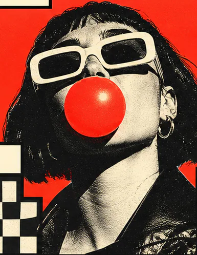 Posterized performer blowing a red bubble