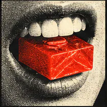 Red candy block held between painted lips