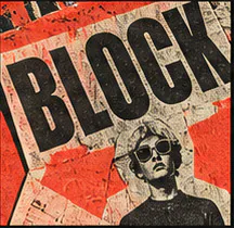 Red and black poster collage with a performer