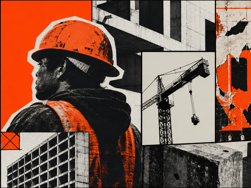 Posterized collage of a construction worker in an orange hard hat beside concrete structures