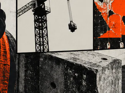 Orange and black architectural collage with a concrete doorway