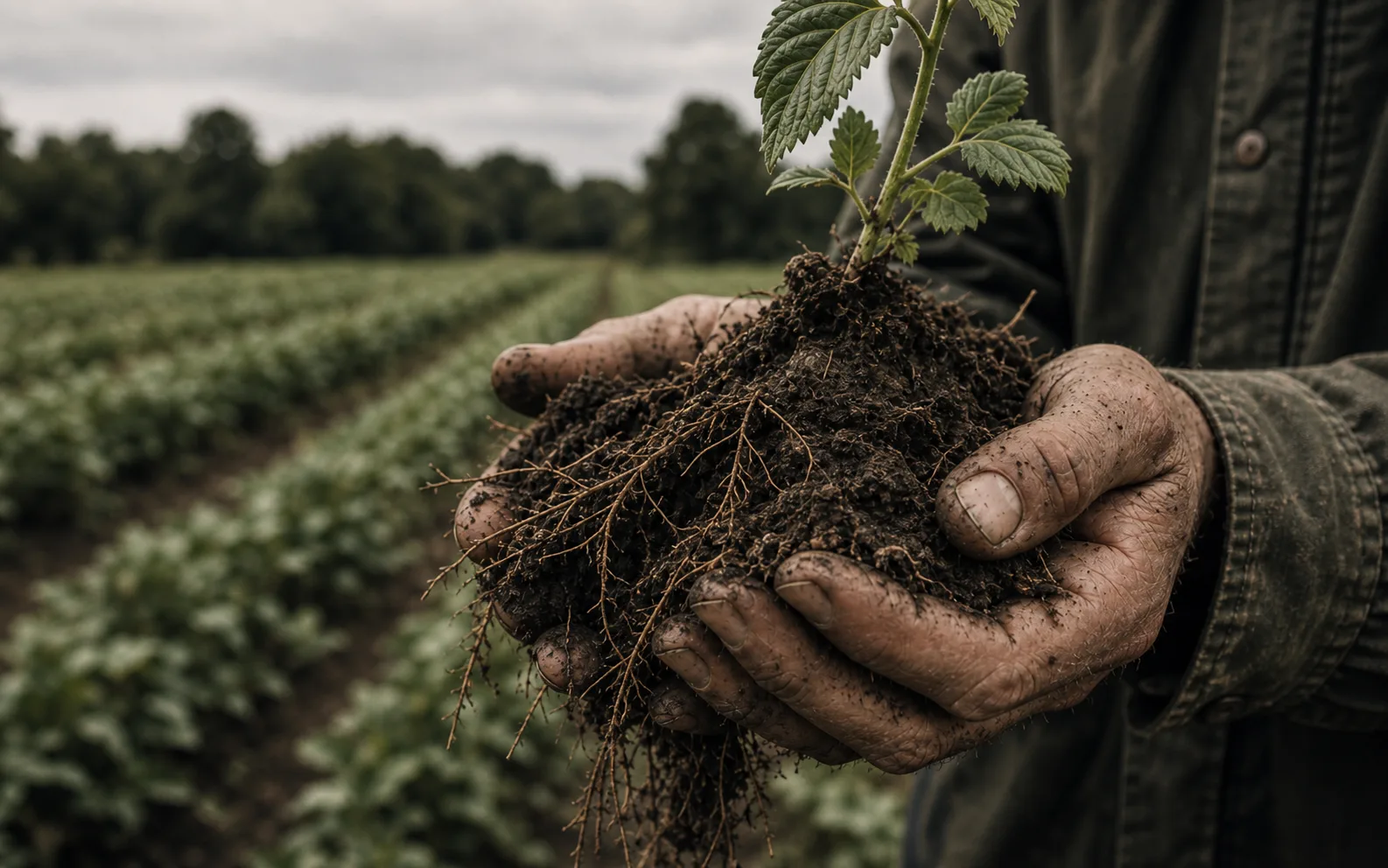 A pair of farm hands holding living soil and a young plant
