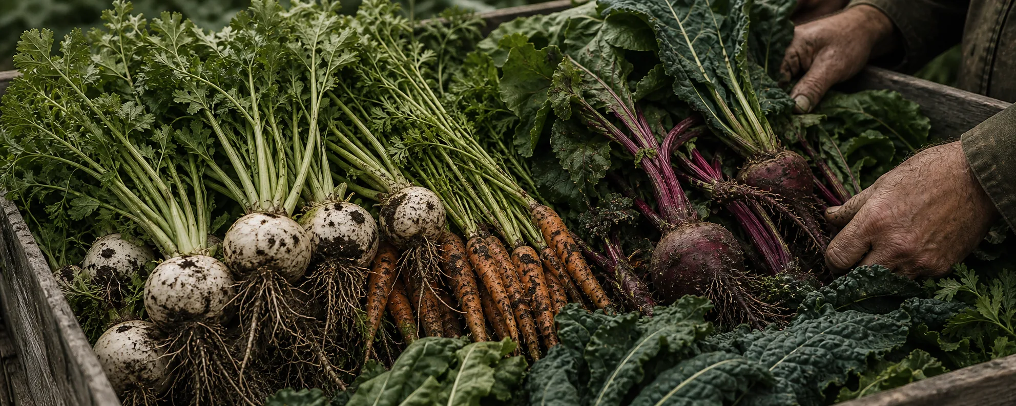 Fresh carrots, beets, greens, and herbs arranged in a wooden harvest crate