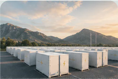Battery storage array at the foot of a mountain range