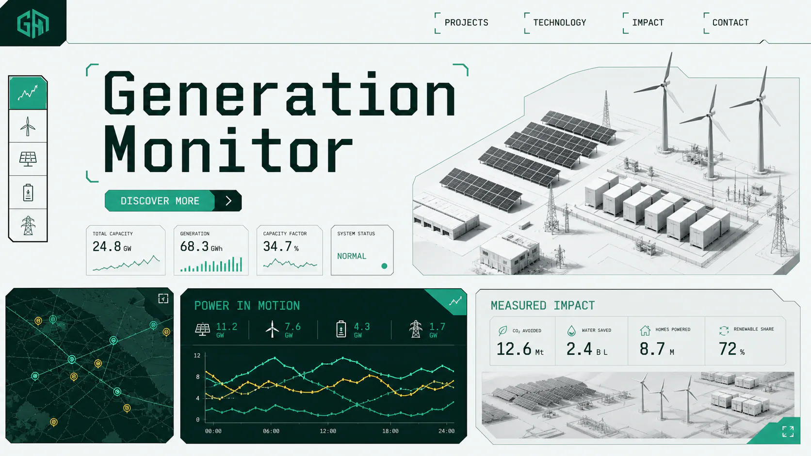 Isometric renewable energy site with solar panels, wind turbines, storage containers, and transmission towers