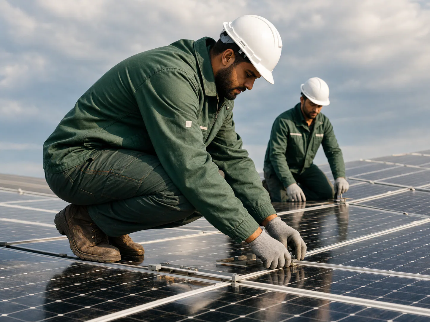 Technicians installing a solar array in the field