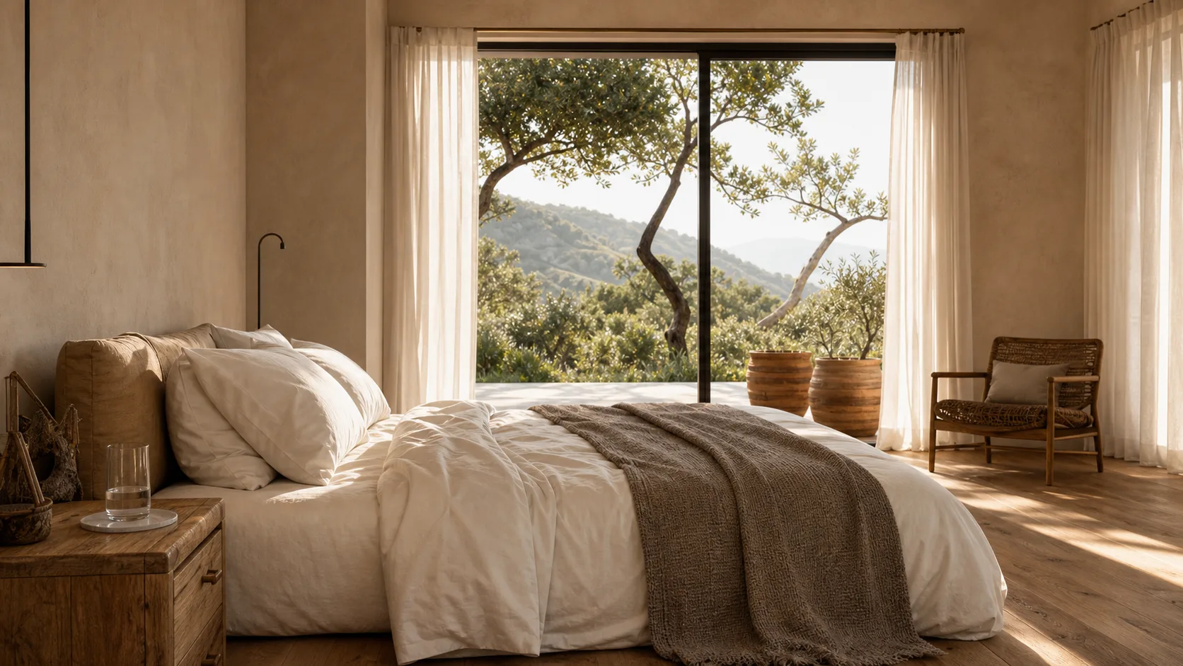Light-filled room with a linen bed