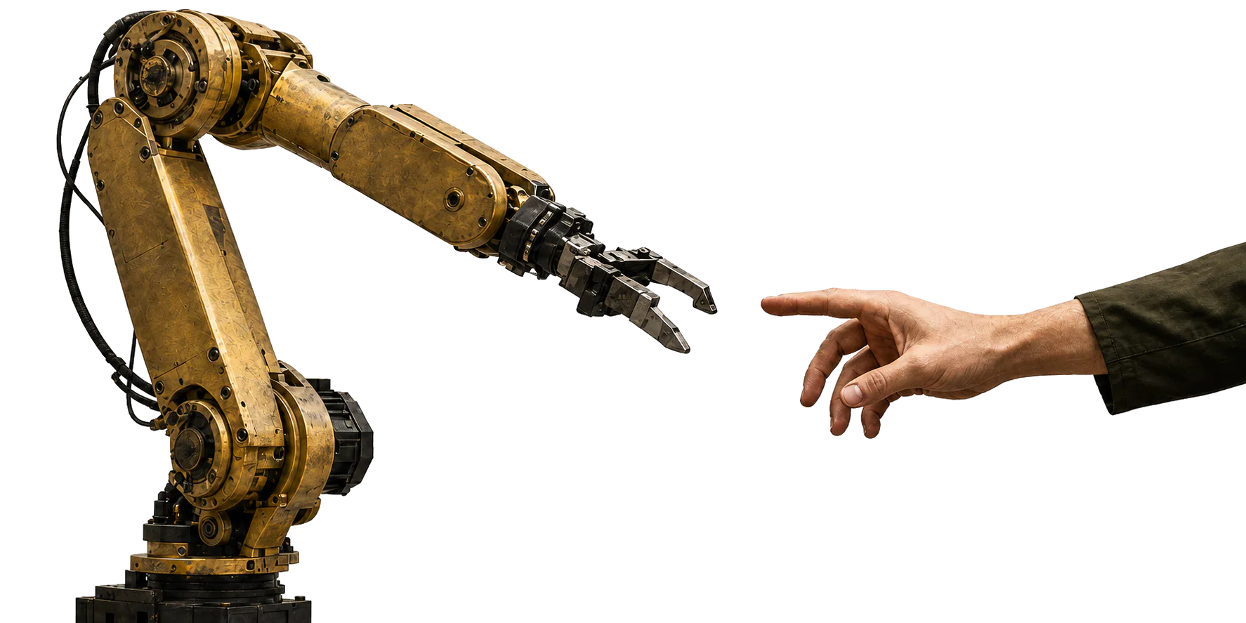 A brass industrial robot reaching toward a human hand
