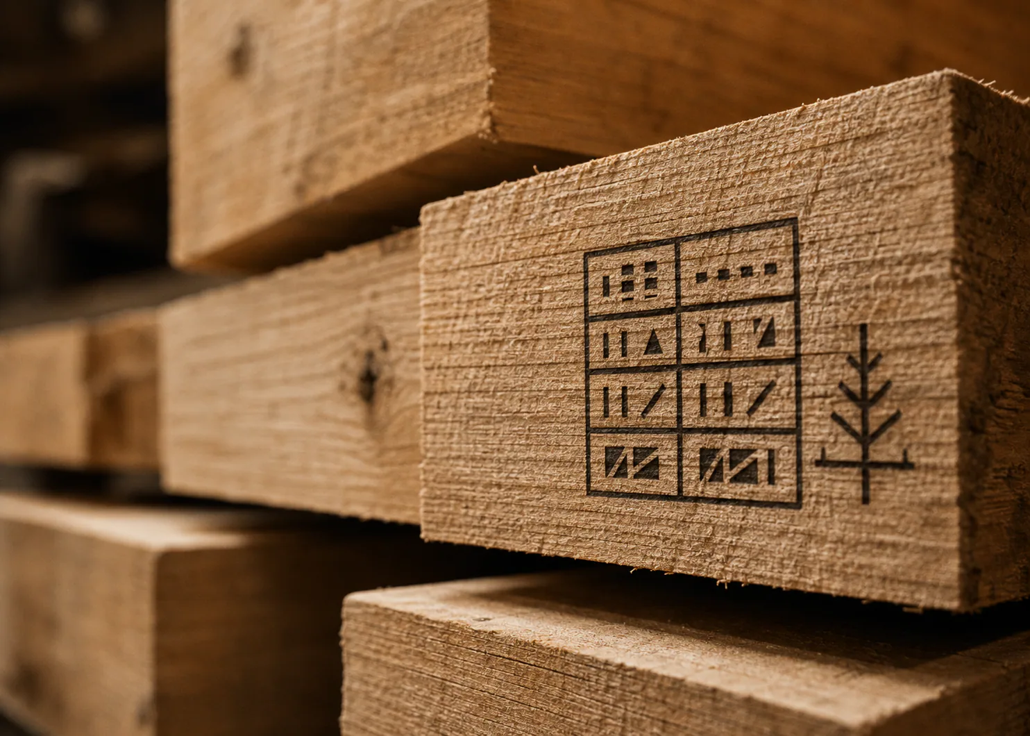 Origin mark stamped on stacked rough-sawn timber
