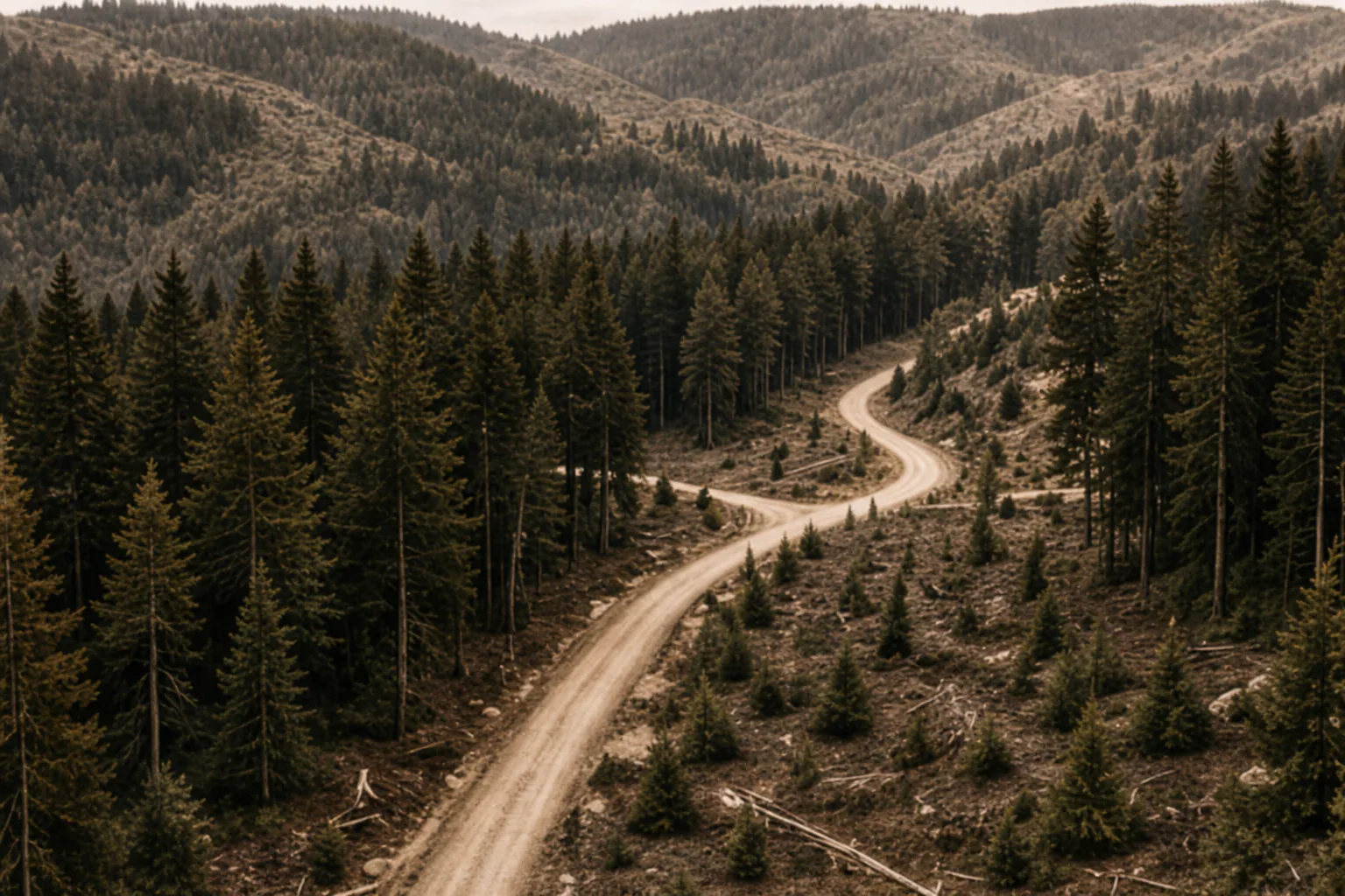 Managed conifer forest crossed by a winding road