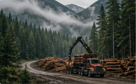 Timber truck moving through a misty working forest