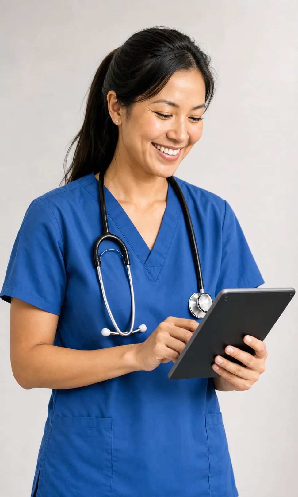 Clinician reviewing a child's care signals on a tablet