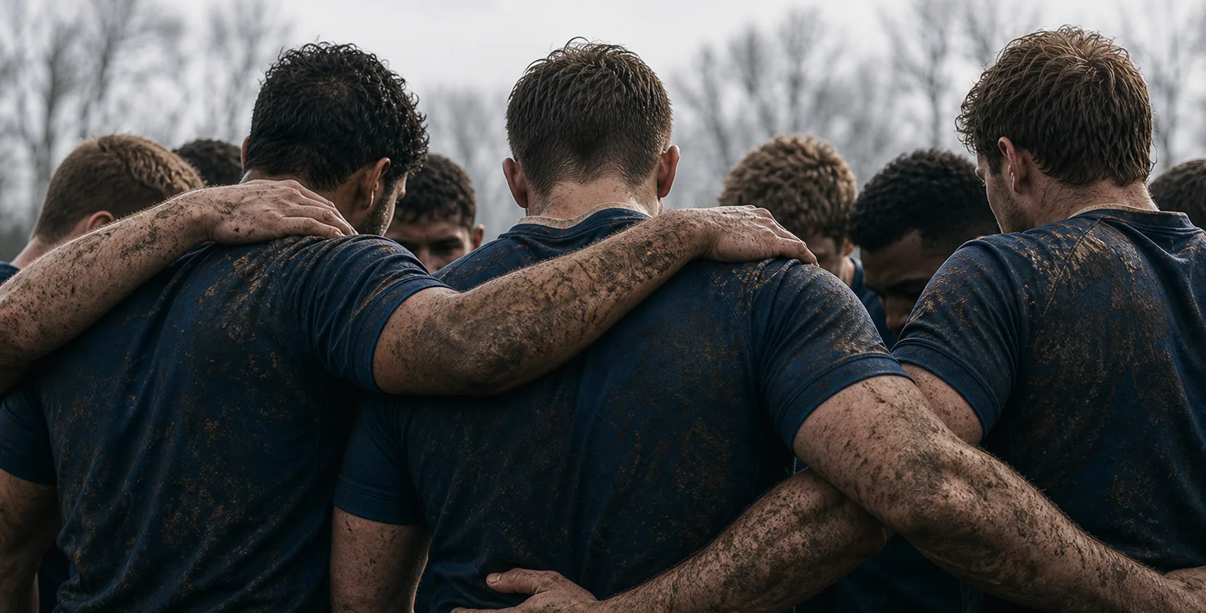Northbank rugby players with their arms around one another before a match