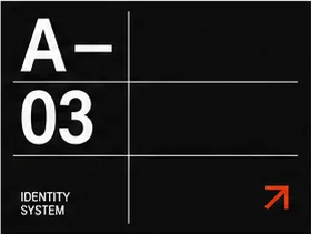 Black identity card marked A-03 with a red directional arrow