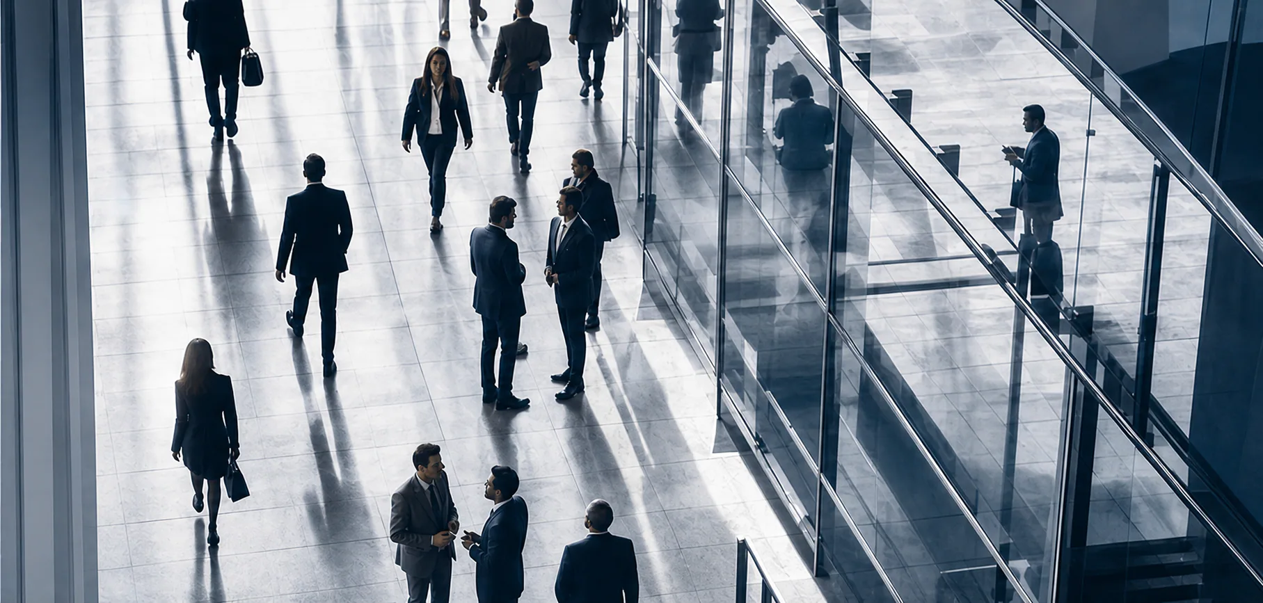 People crossing a bright corporate lobby