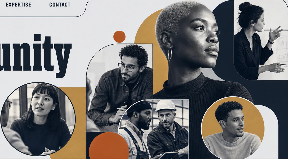 A collage of diverse professionals in conversation and at work
