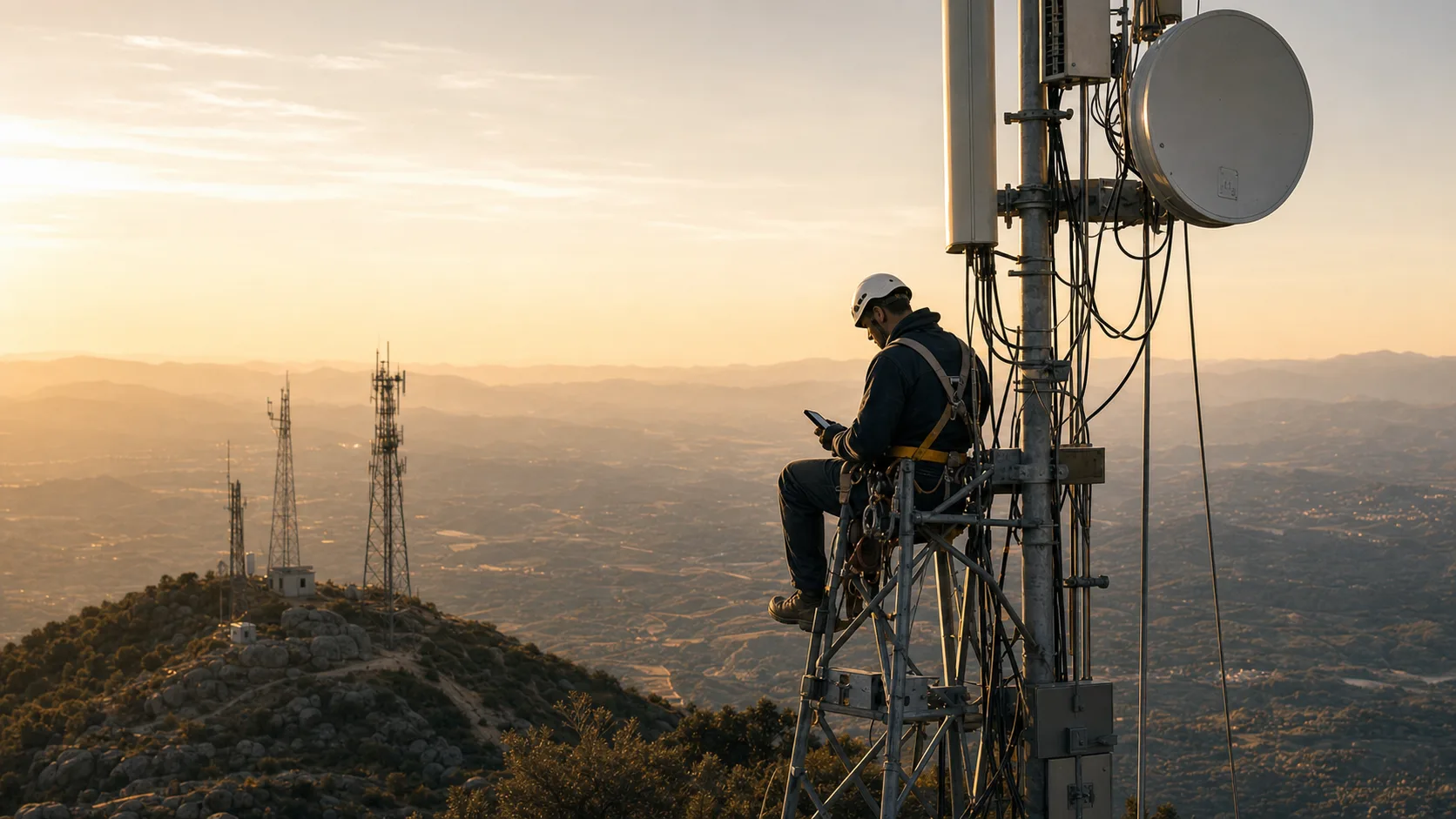 Telecommunications tower above a connected town