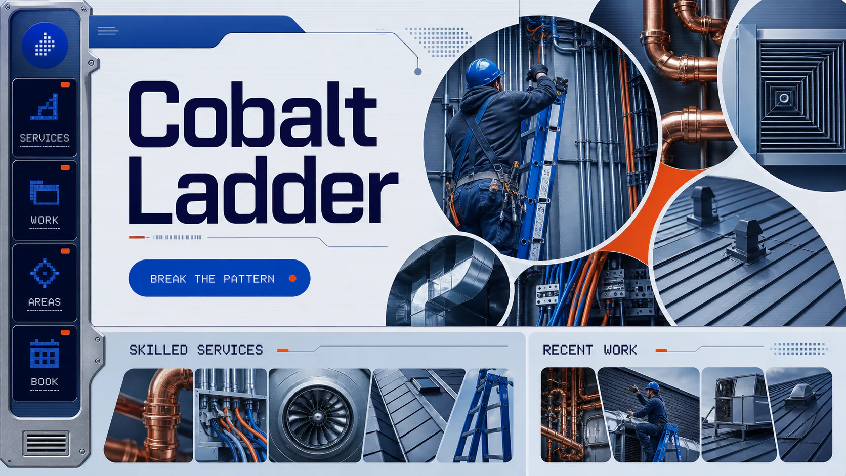 Technician on a blue ladder working beside exposed building services