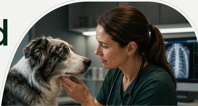 Veterinarian examining a border collie in a calm clinical room