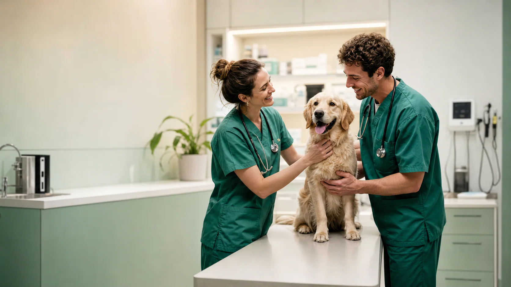 Two veterinarians gently examining a happy golden retriever