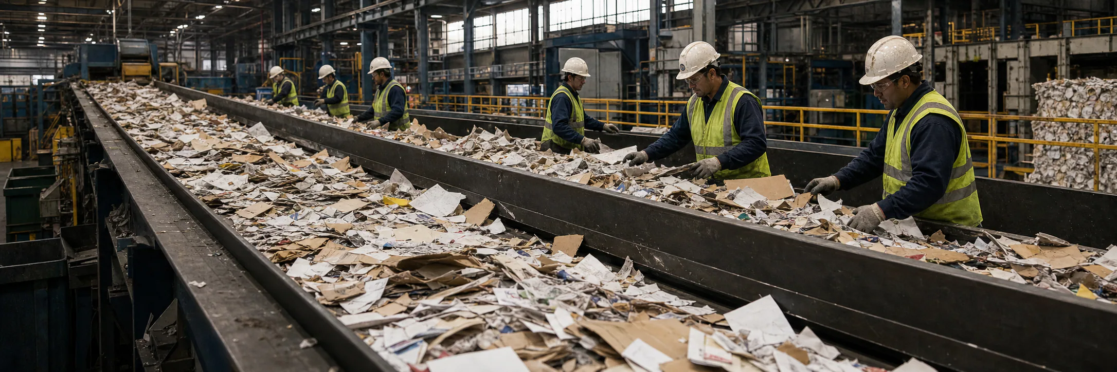 Workers sorting recovered paper on a long conveyor line